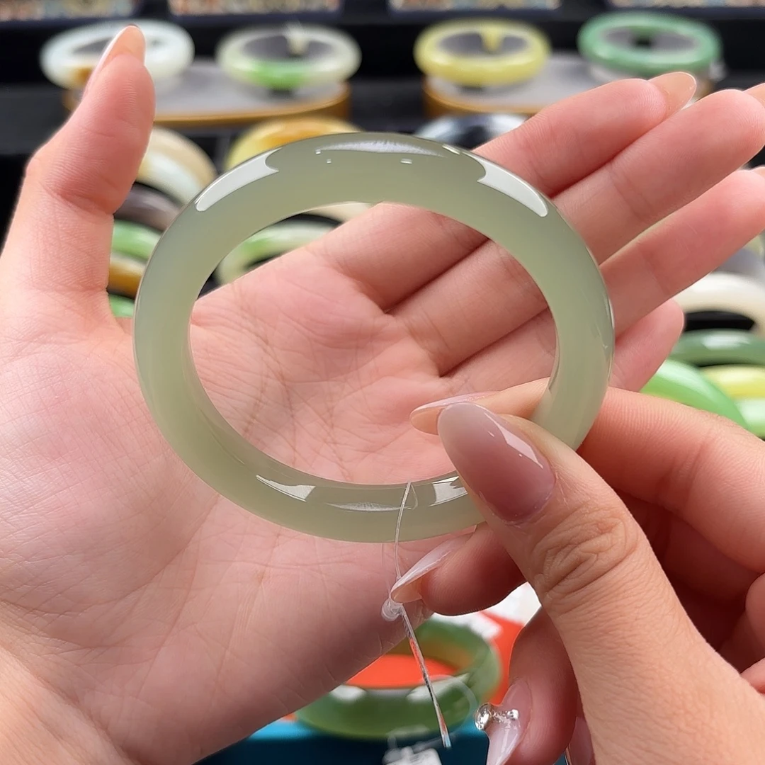 和田玉未镶嵌手镯59.1高冰起荧 侧面起猫绿晴葡萄肉