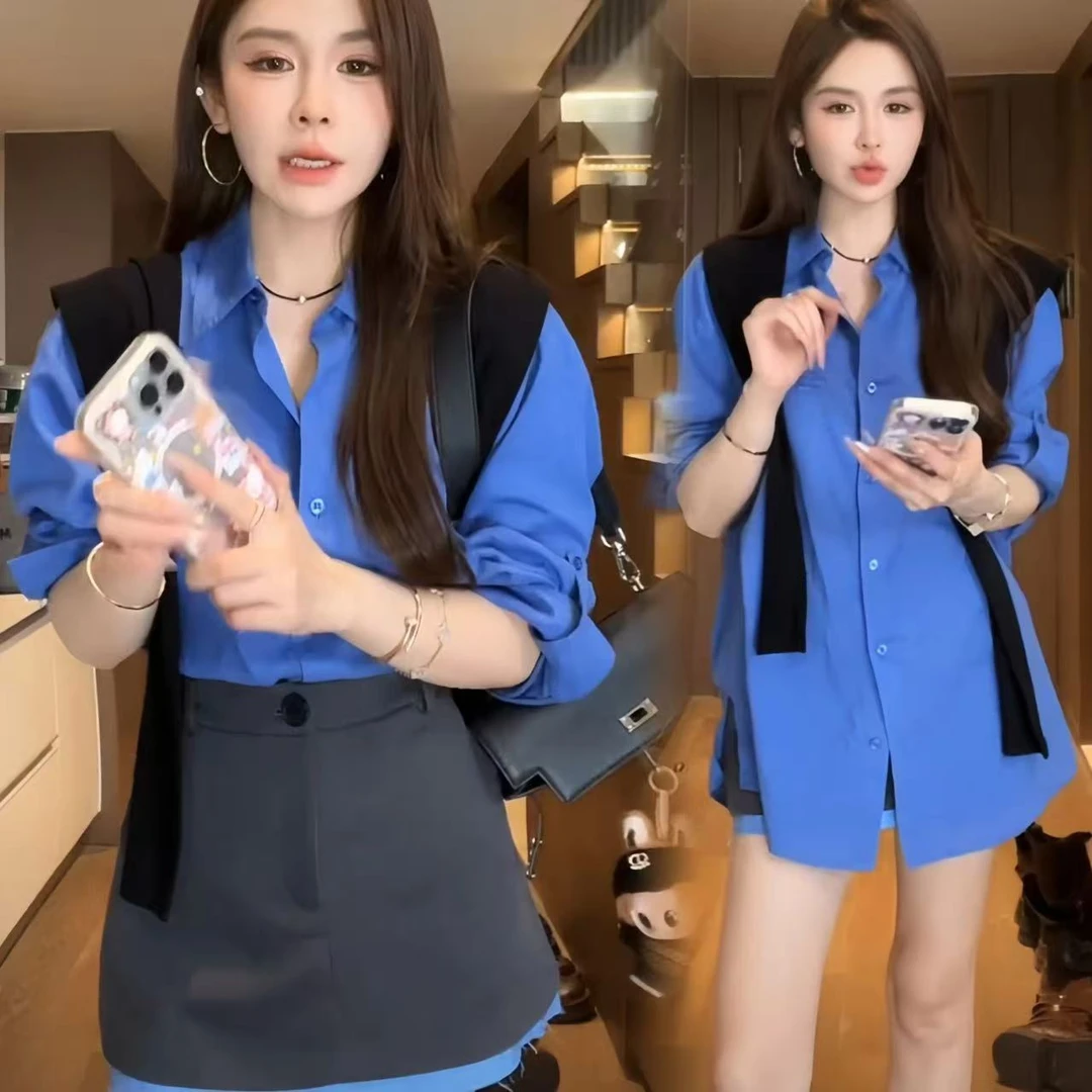 【送运费险】三件套早秋气质穿搭套装女宽松蓝色衬衫披肩高腰包臀裙