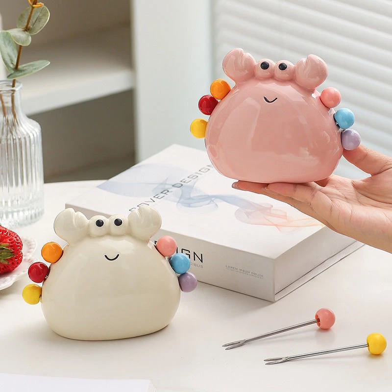 可爱陶瓷小螃蟹水果叉套装儿童安全果插家用清新萌趣工艺品