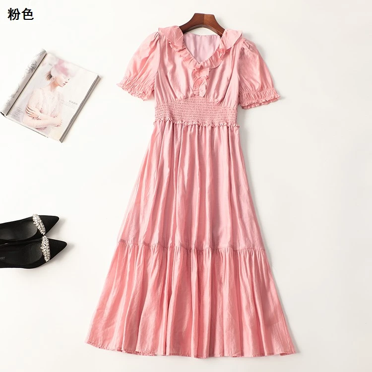 411001夏加长款短袖V领夏季连衣裙裙子杭州旅游