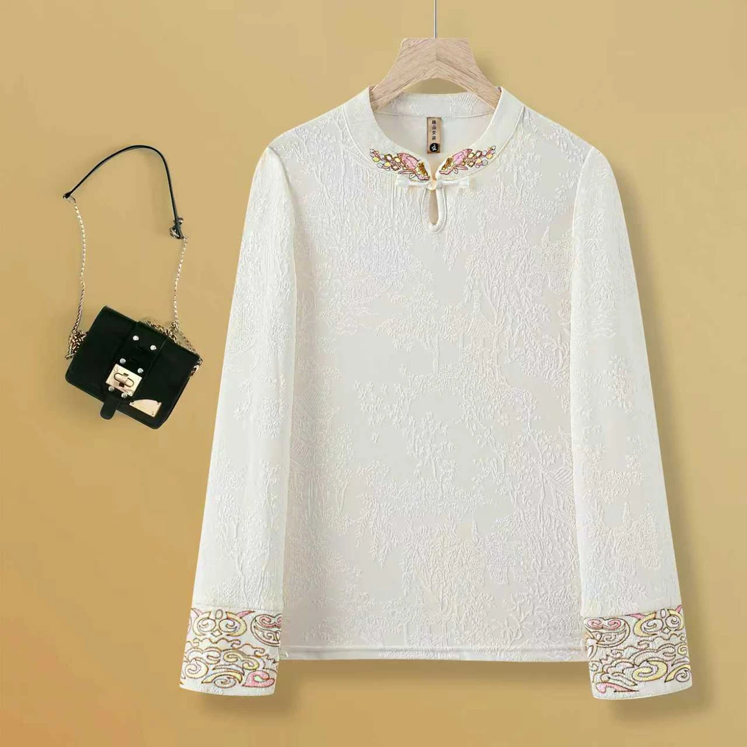 立领打底衫秋冬新中式国风立领盘扣衬衫刺绣提花长袖上衣