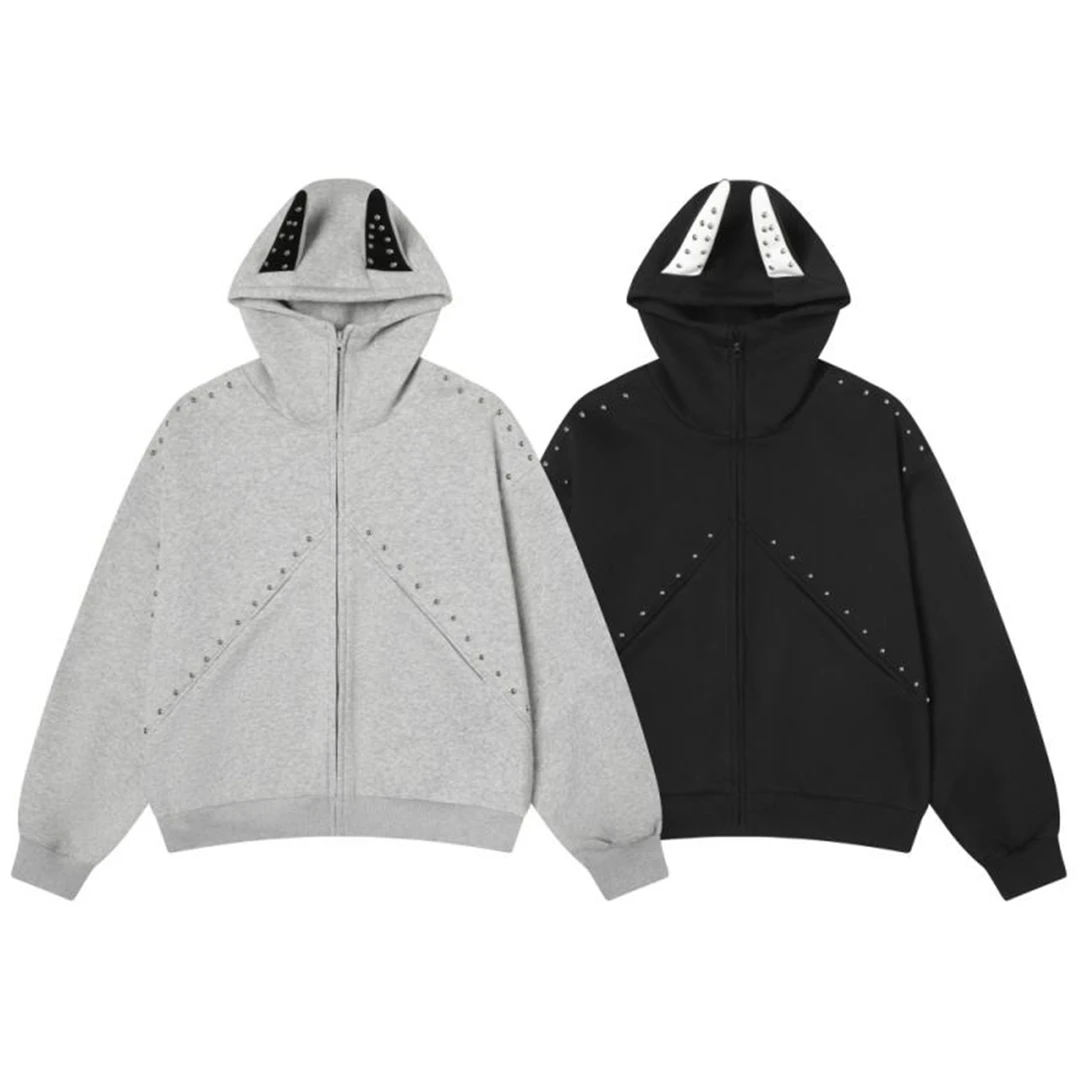 国潮美式拼接铆钉杜宾犬耳朵连帽开衫卫衣重磅高克重外套