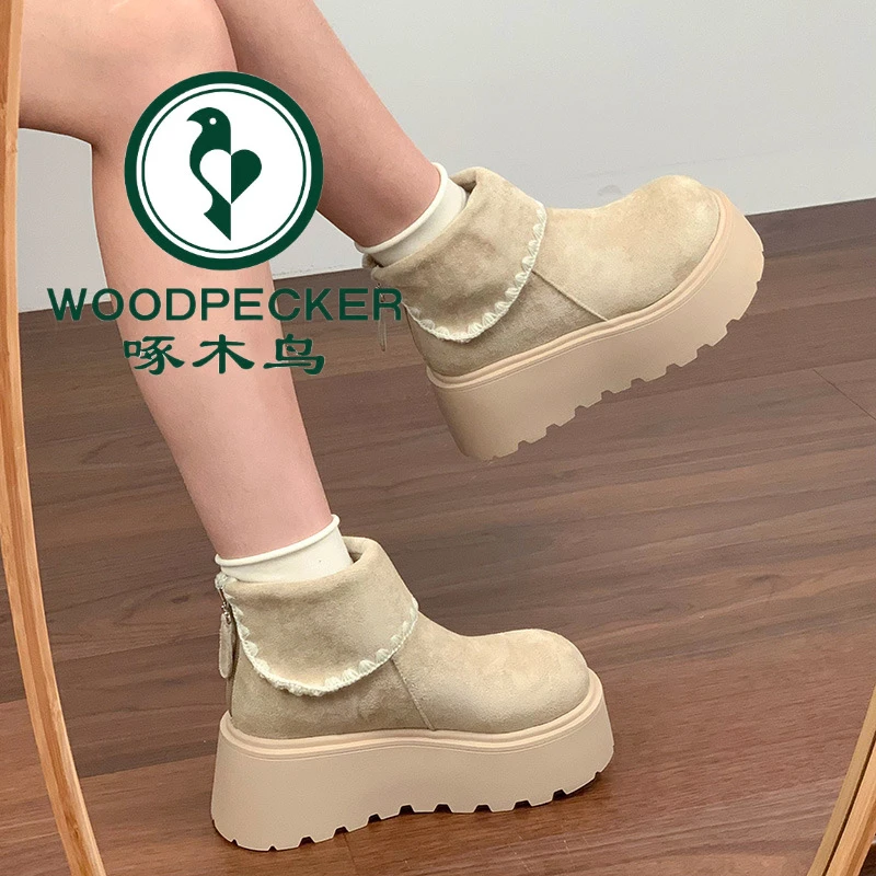啄木鸟白色复古厚底增高雪地靴女2025年冬季加绒加厚保暖勃肯棉鞋