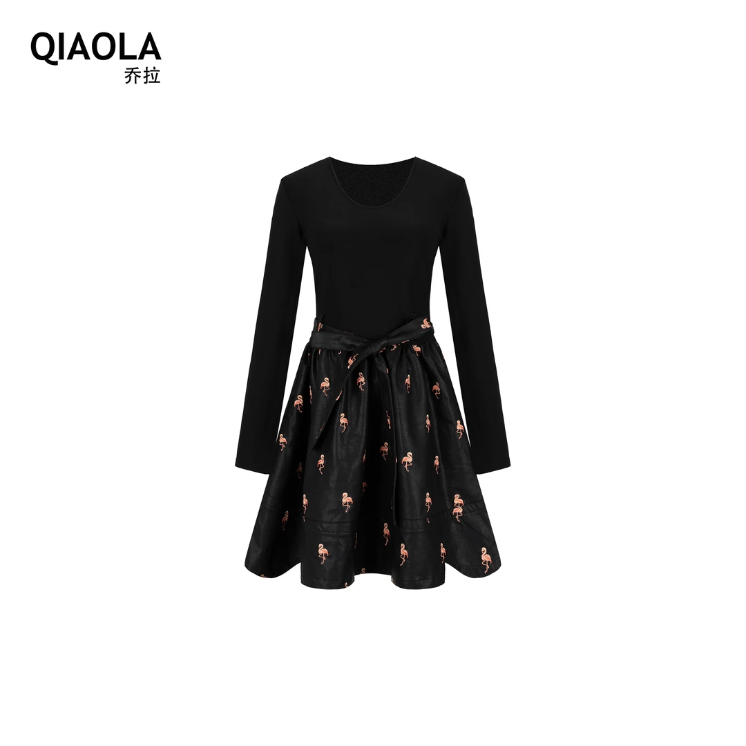 【爱之烈焰】小众设计早春款小U领PU皮火烈鸟刺绣A字版遮肉上衣裙