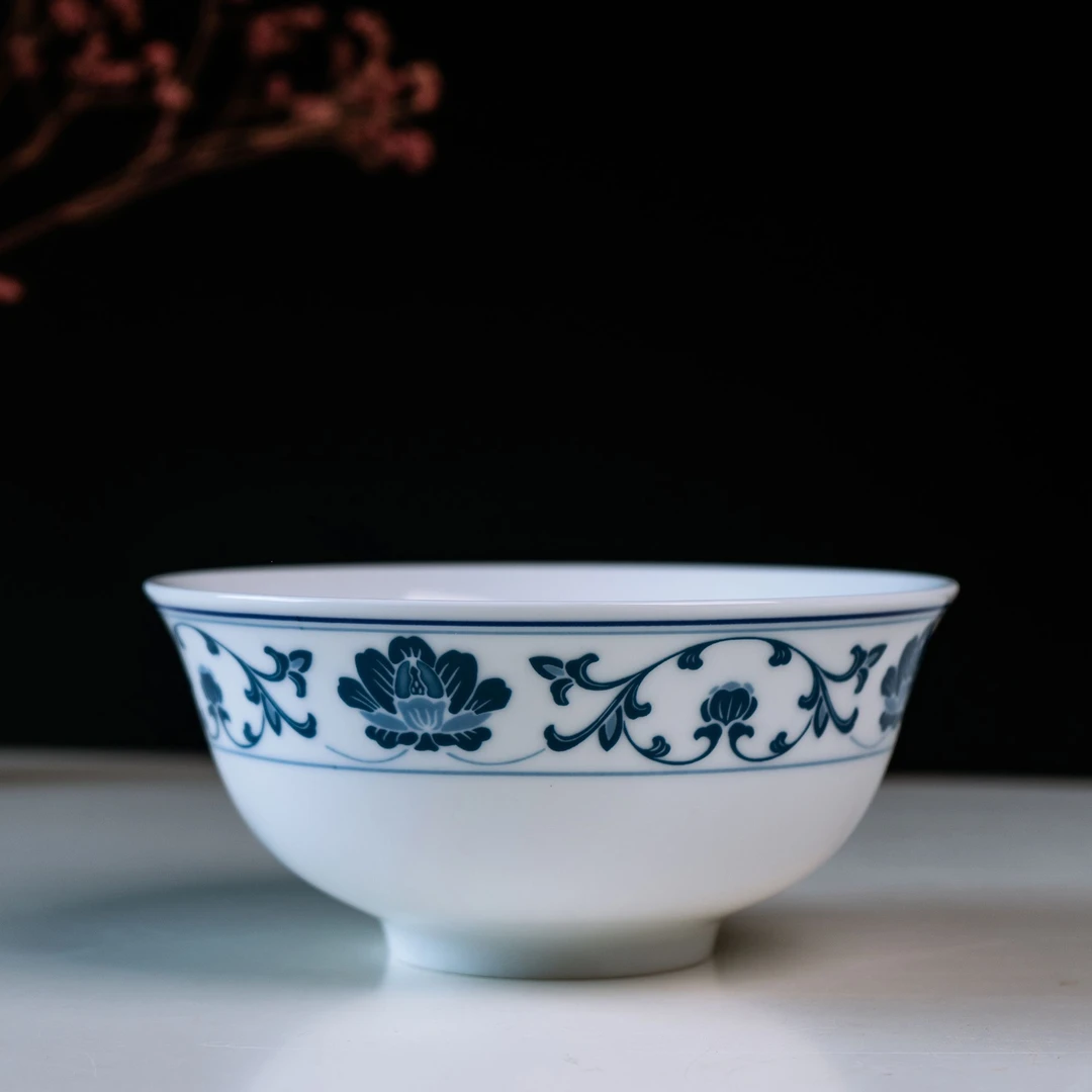 蓝牡纹菜碗中式复古元素瓷碗微波炉釉中彩手工碗高温陶瓷家用