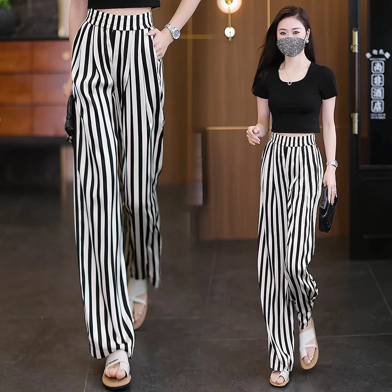 冰丝阔腿裤女2025夏季新款高腰雪纺女裤垂感宽松显瘦竖条纹直筒裤