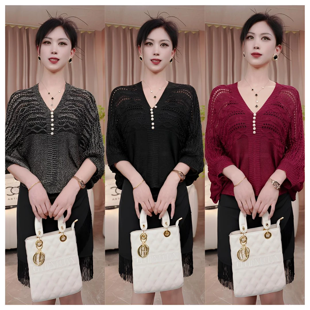 2025年春季新款时尚重工百搭七分袖针织衫蝙蝠袖镂空短款上衣