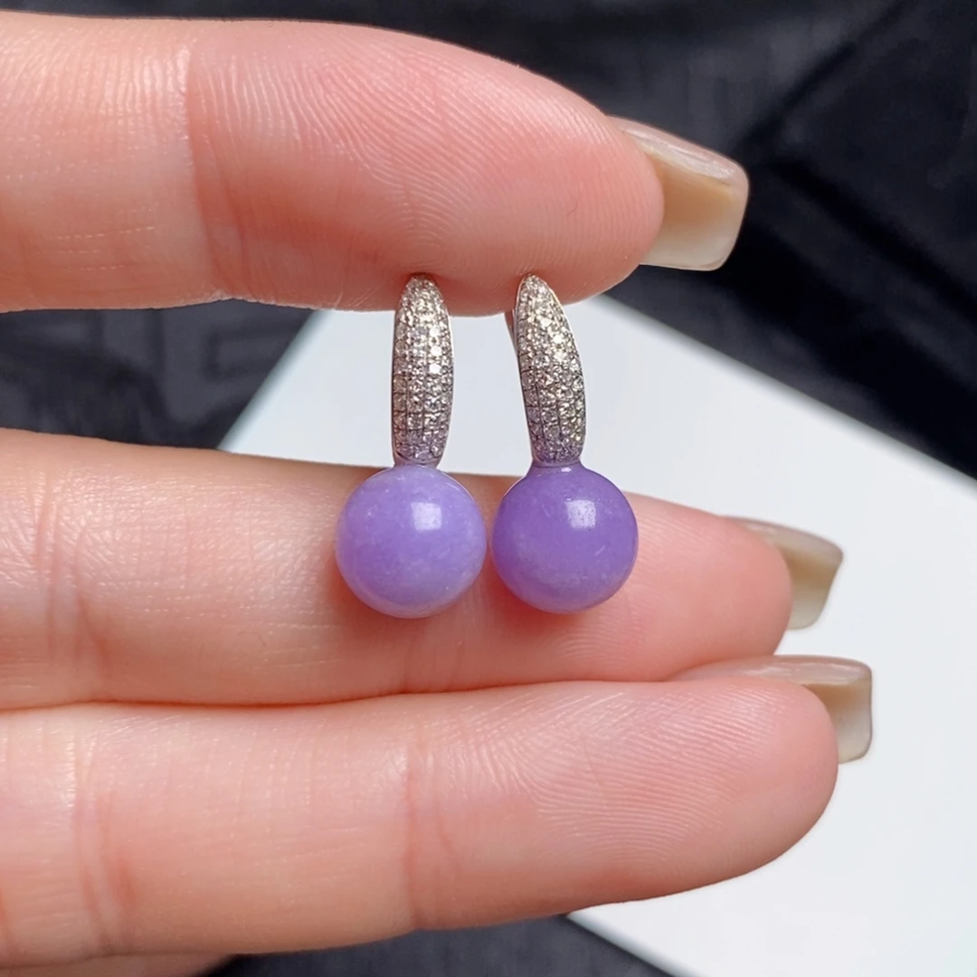 翡翠18K金镶嵌耳饰浓紫珠珠耳扣（卡8.2mm）