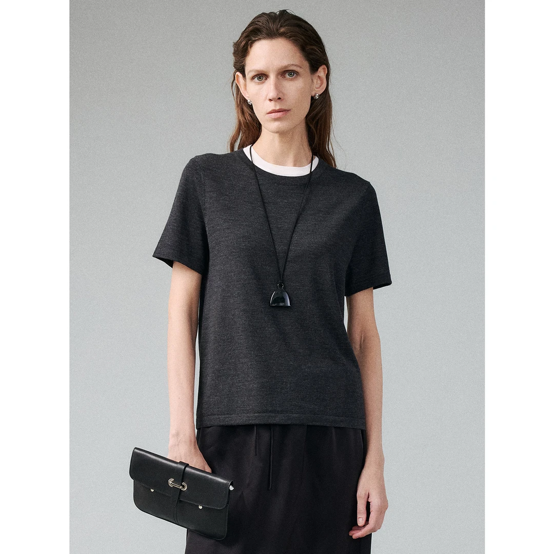 MARIUS“MIU系三件套”裸感透气合身微宽松圆领短袖羊毛针织T