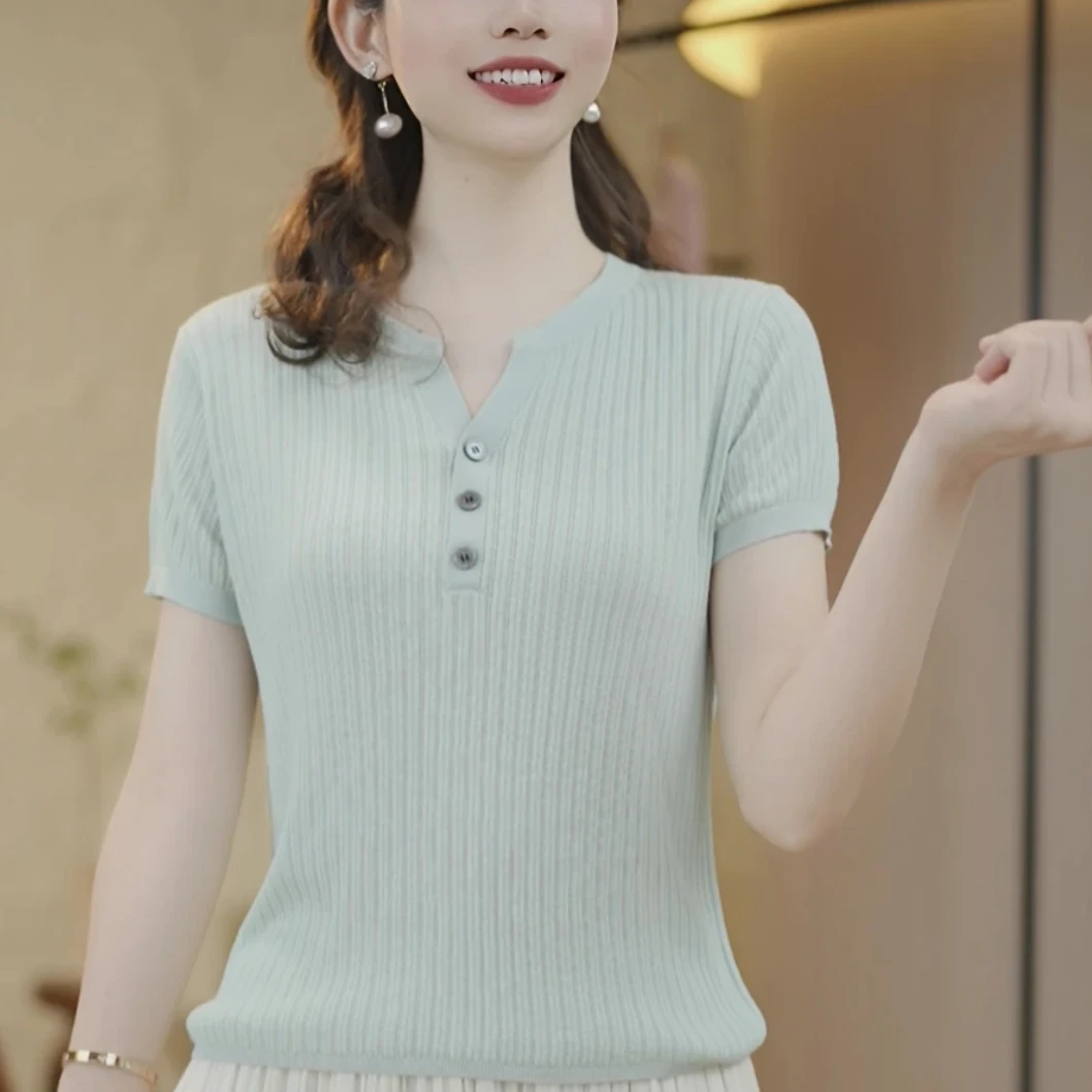 莱赛尔天丝纯色半开领短袖t恤女夏季2025新款宽松上衣薄款针织衫