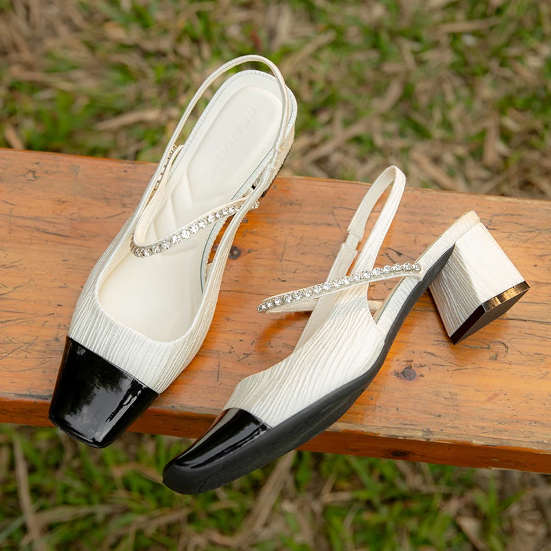 新店福利源头工厂2025定制小香风水钻一字带方头粗跟单鞋女凉鞋25