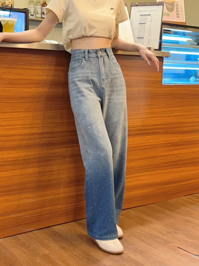 【雪依】蓝色渐变烫钻牛仔裤女2025夏季新款薄款阔腿裤宽松拖地裤子