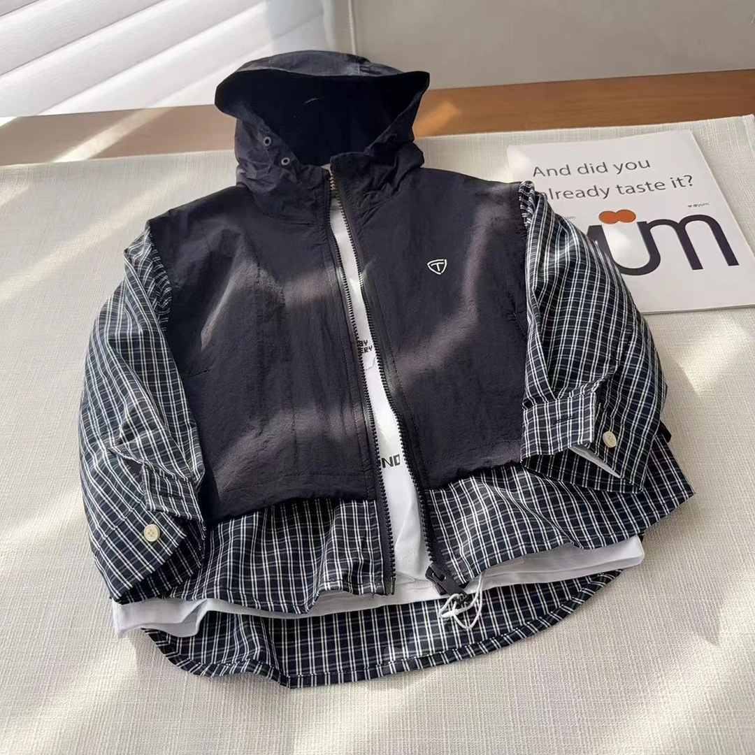 儿童学院风格子拼接外套2025年春新款中大童防风厚实夹克衫洋气