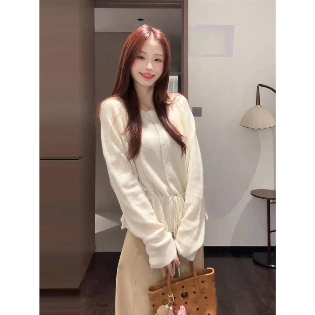 大码纯欲风淡颜系长袖针织衫女秋冬胖mm设计收腰显瘦绑带镂空上衣