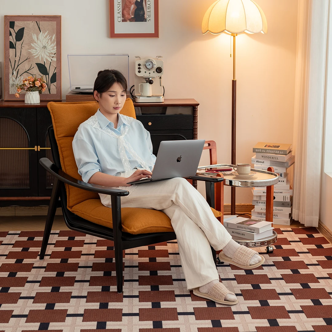 殿下家具  中古风沙发椅复古羊羔绒可拆洗羽绒客厅阳台实木休闲椅