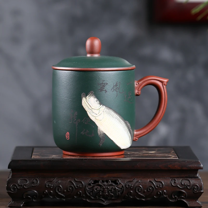 桃源《翘嘴》400cc绿泥粉浆紫砂双色茶水杯全手工大号盖杯办公杯