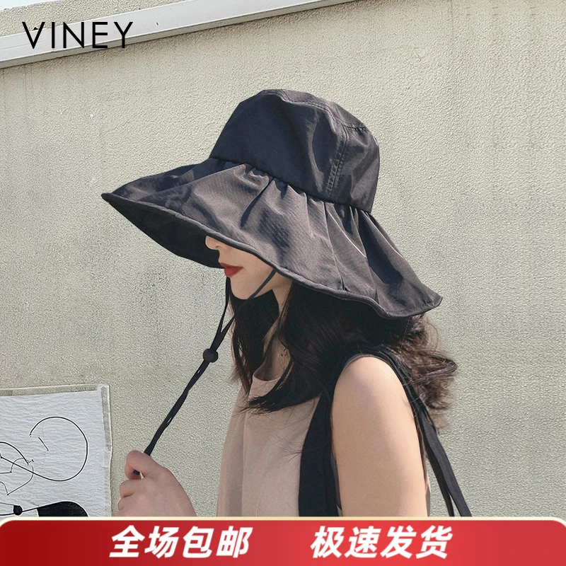 Viney黑胶防晒遮阳帽子女日本UV遮脸防紫外线太阳帽大帽檐渔夫帽