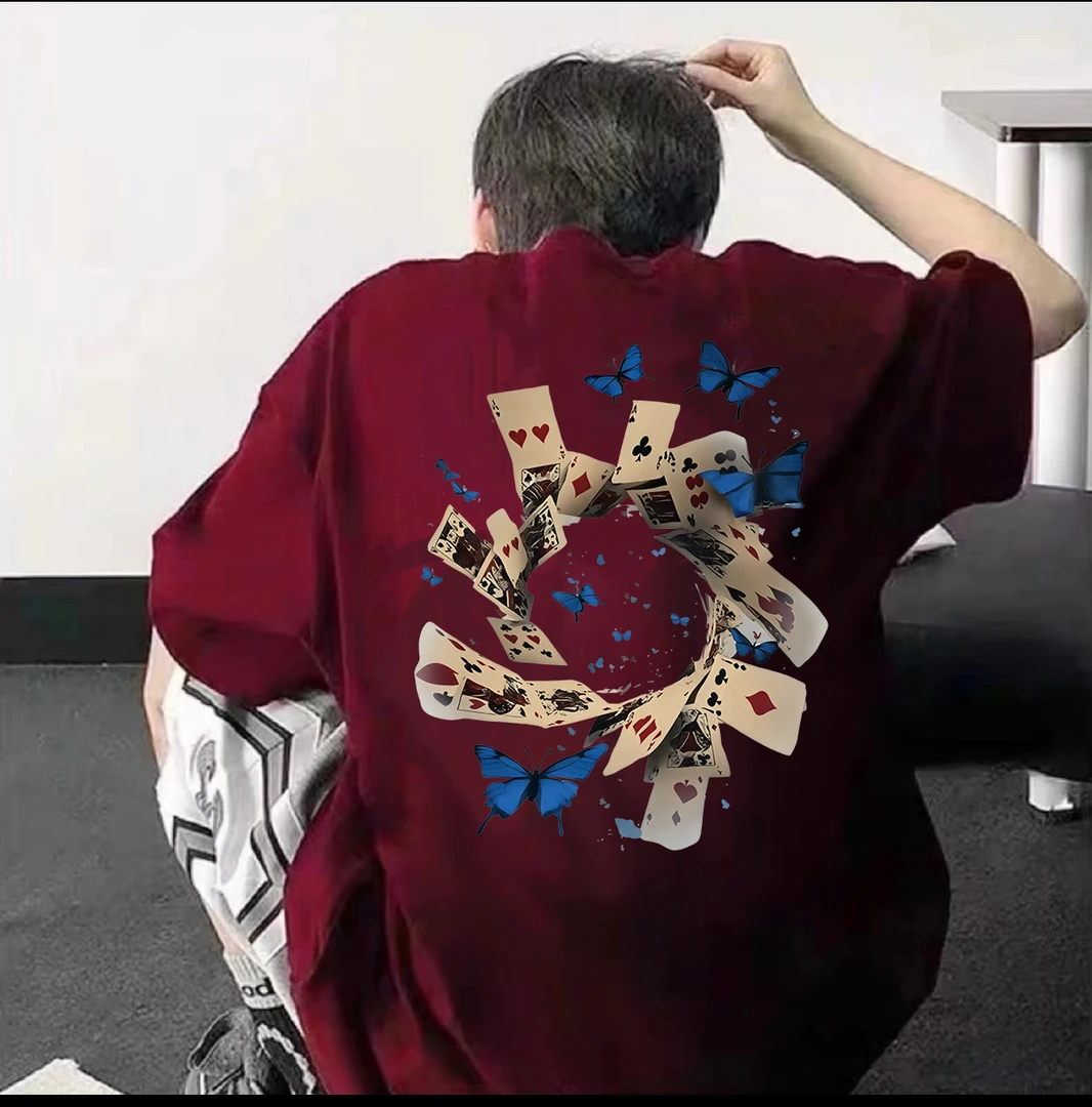 100%纯棉短袖美式松弛感T恤宽松男装T恤夏季复古扑克印花潮牌上衣