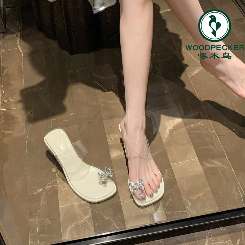 啄木鸟蝴蝶结水钻透明凉鞋女鞋高跟夏季新款法式仙女风粗跟凉拖鞋