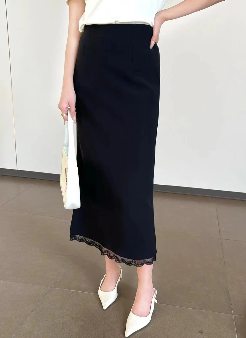 气质优雅蕾丝拼接半身裙显瘦包臀设计