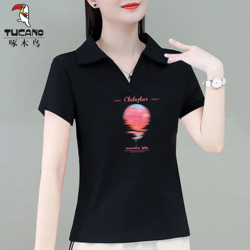 啄木鸟正品夏季短袖ins风日常通勤上衣翻领修身显瘦t恤女2025新款