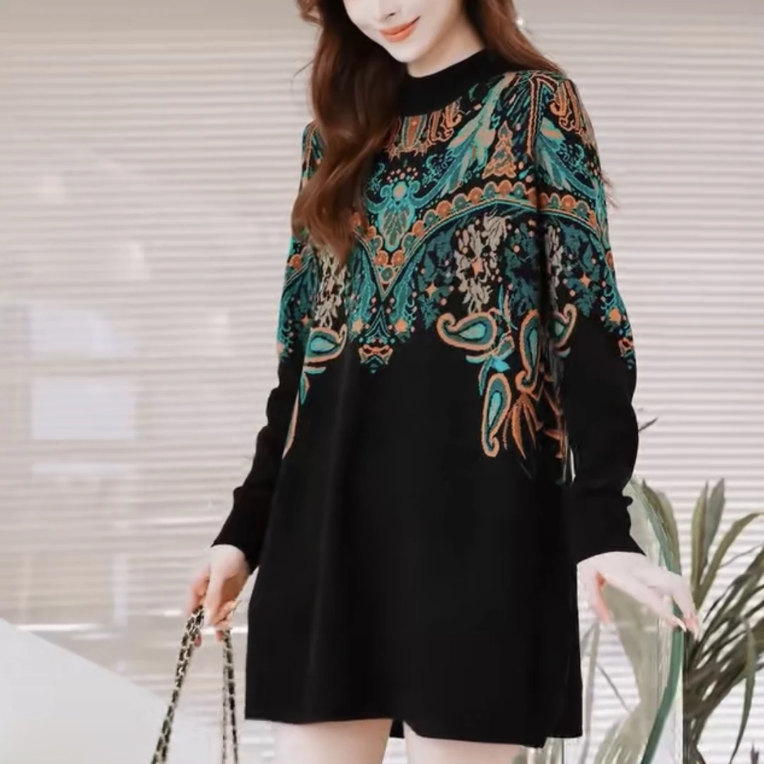 【 129】秋冬女针织衫中长款毛衣裙宽松大码显瘦圆领针织衫