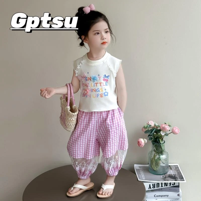 GPTSu女童夏套装2025新款女宝宝洋气时髦拼接蕾丝夏季薄款两件套