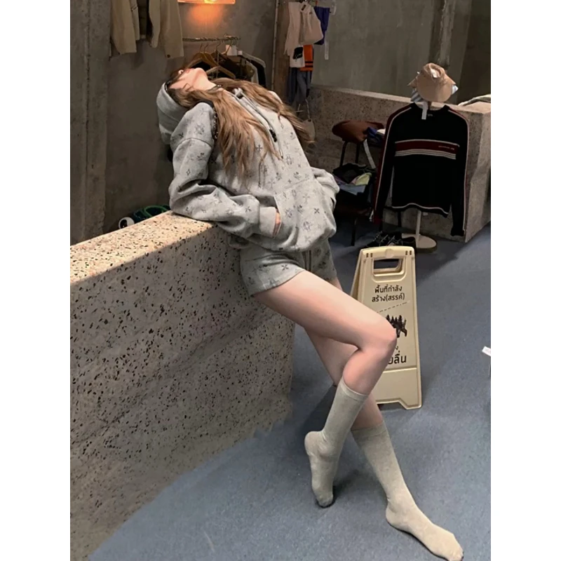 美式复古连帽运动卫衣睡衣女款秋季新款辣妹短裤家居服套装可外穿