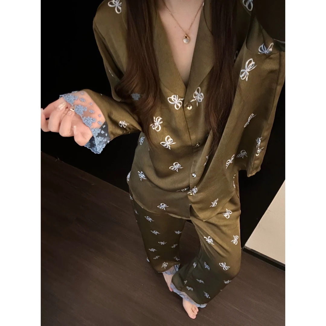 法式洋气高级感蝴蝶结印花冰丝睡衣夏季休闲衬衫长裤家居服两件套