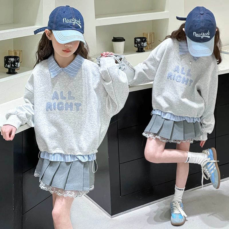 女童2025新款假两件卫衣春秋款洋气时髦polo衫翻领大童百搭春装潮