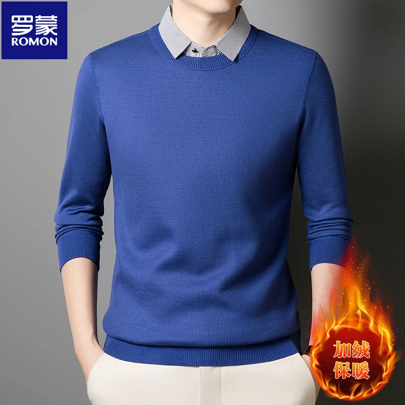 罗蒙2025秋冬季新款假两件毛衣男士加绒加厚休闲衬衫领保暖针织衫