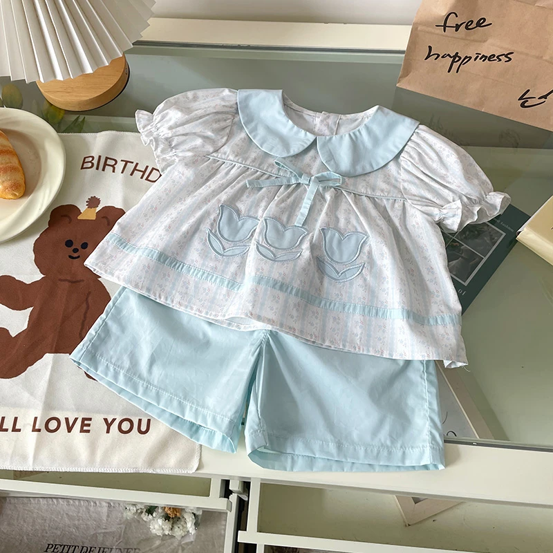 【现货】XT259198夏季新款儿童套装女童娃娃衫短裤两件套