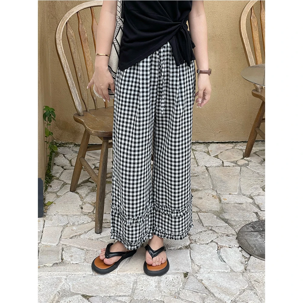 WenWen小个子韩版宽松休闲格子裤百搭高腰显瘦直筒九分裤子4066