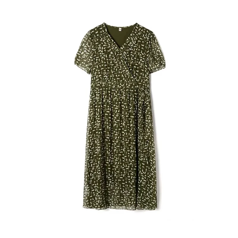 【W1125绿色V领】2025优雅百搭洋气款夏季短袖中长款裙