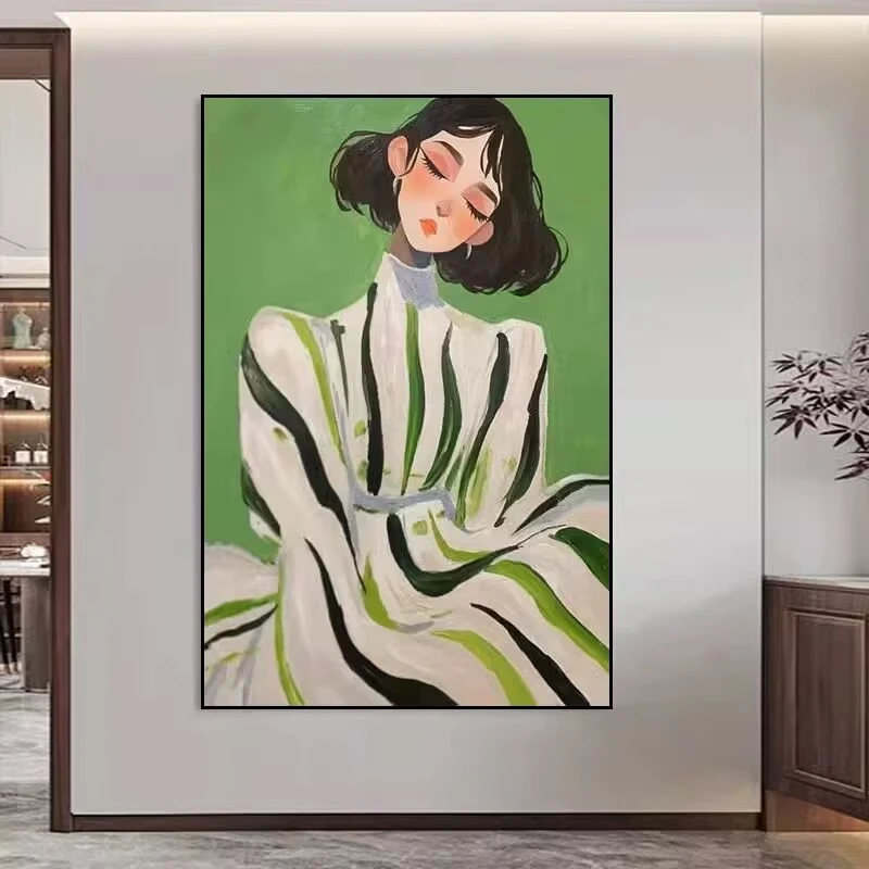 抽象人物绿色系小众艺术慵懒少女风格客厅玄关卧室装饰画S13