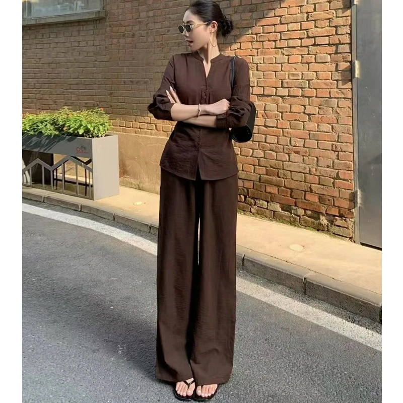 时尚老钱风休闲衬衫套装女2025秋季新款高腰显瘦阔腿裤气质两件套