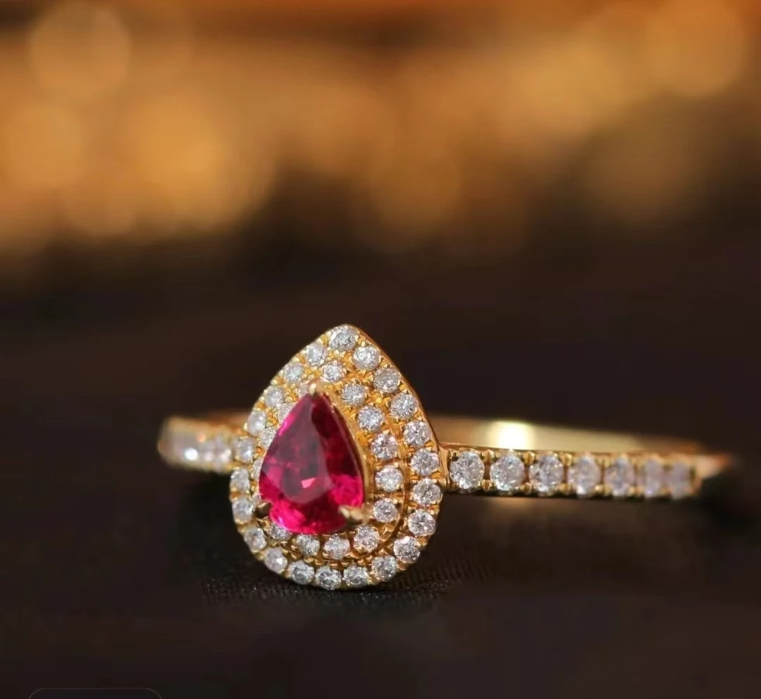 【七夕送礼】黄金足金999 红宝石水滴石黄金戒指精致简约轻奢风