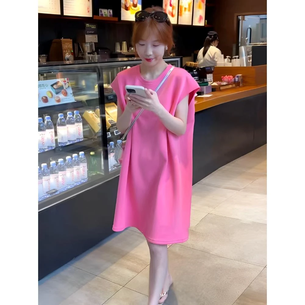 夏天休闲法式粉色无袖连衣裙女2025新款爆款夏季宽松显瘦遮肚裙子