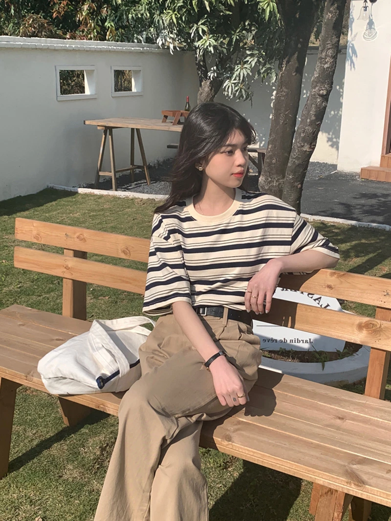 Susu Bella复古风条纹短袖t恤女夏季2025宽松纯棉休闲半袖上衣