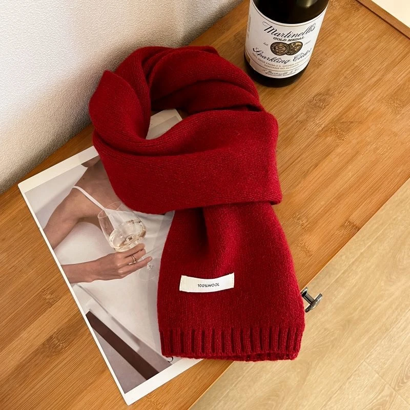 【天明】100%澳洲纯羊毛围巾冬季保暖针织红色秋冬季纯色时尚百搭
