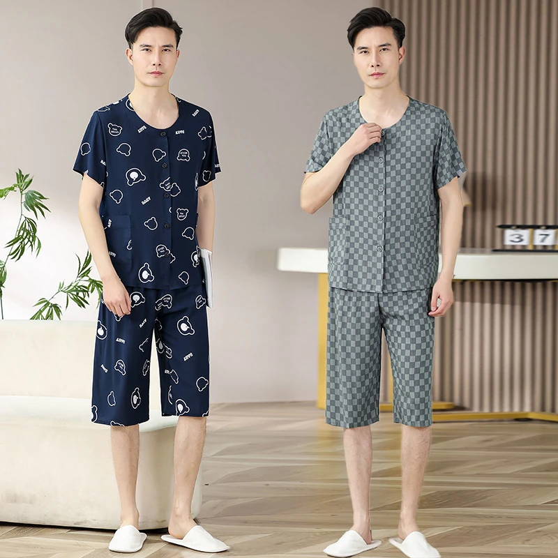 夏季新款2025棉绸开衫睡衣套装中老年爸爸短袖五分裤两件套家居服