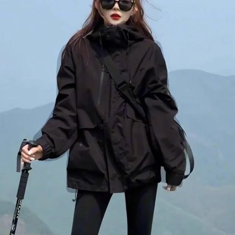 【万达撤柜】韩国2025秋冬季韩版新款外套女休闲宽松连帽夹克风衣外