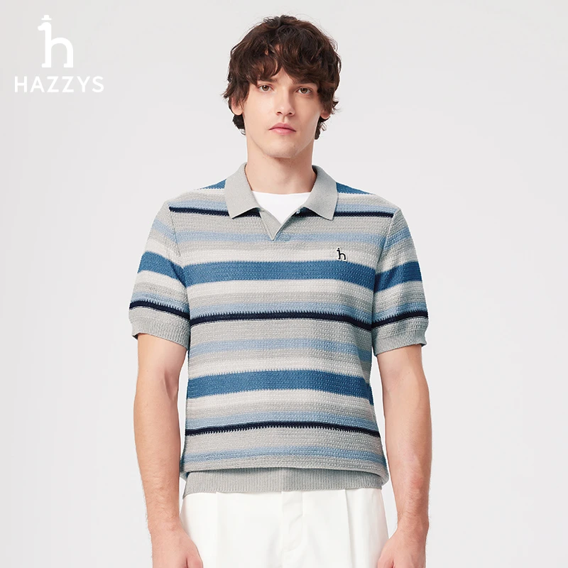【商场同款】Hazzys哈吉斯条纹男针织短袖夏季Polo衫休闲翻领T恤