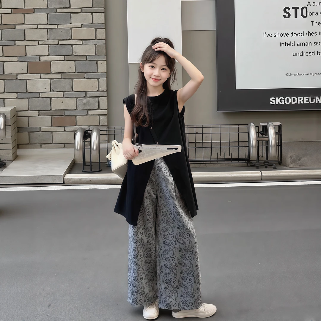 女童夏装套装2025新款儿童洋气时髦冰丝无袖衬裙休闲阔腿裤两件套