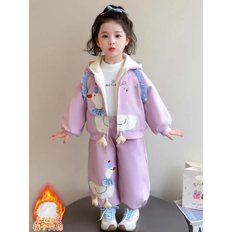 女童加绒套装秋冬2025新款卡通女宝宝加厚外套冬装儿童休闲衣服潮