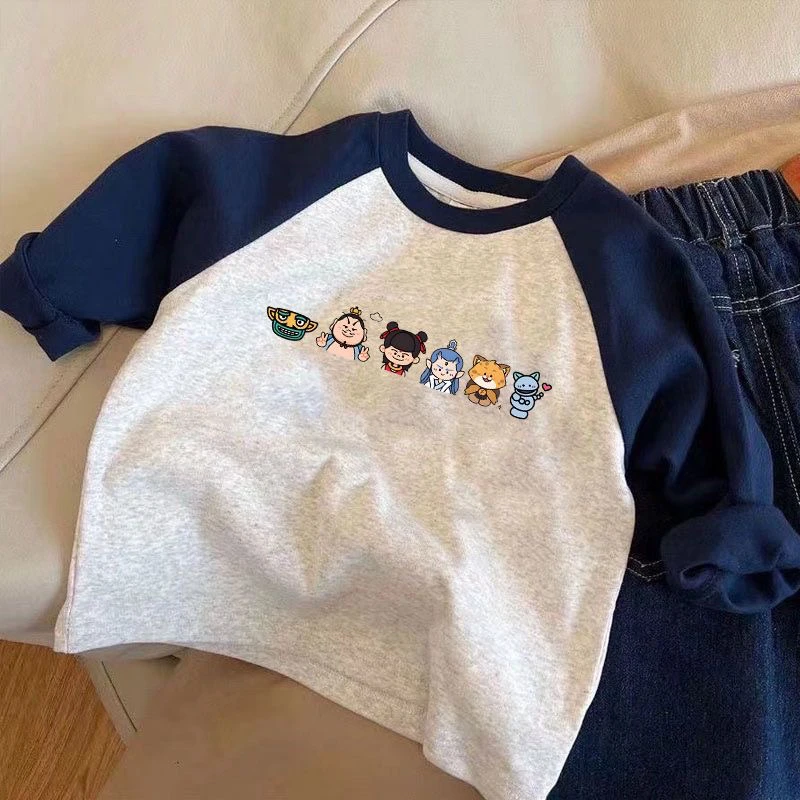 100%纯棉T恤春秋男女童宽松长袖韩版宝宝卡通小童儿童打底上衣T