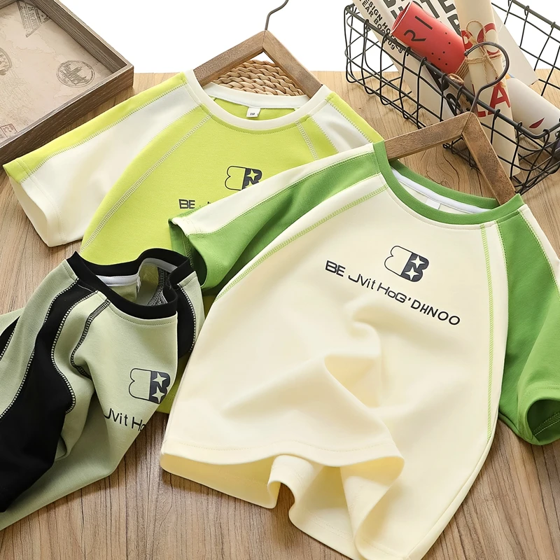 男童夏季新款拼色短袖T恤中大童插肩袖宽松洋气半袖上衣6029