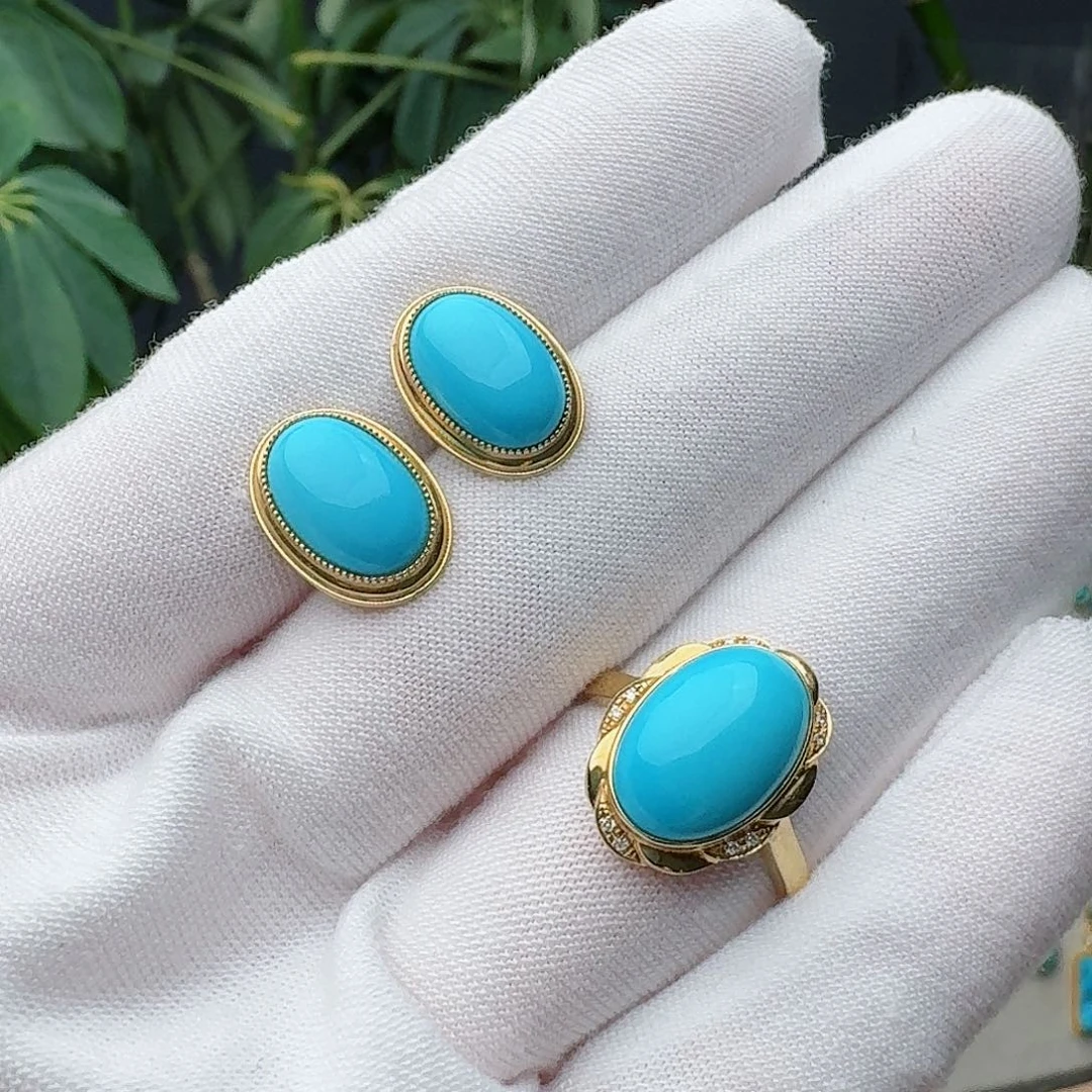 绿松石18K金镶嵌戒指戒指耳钉套装