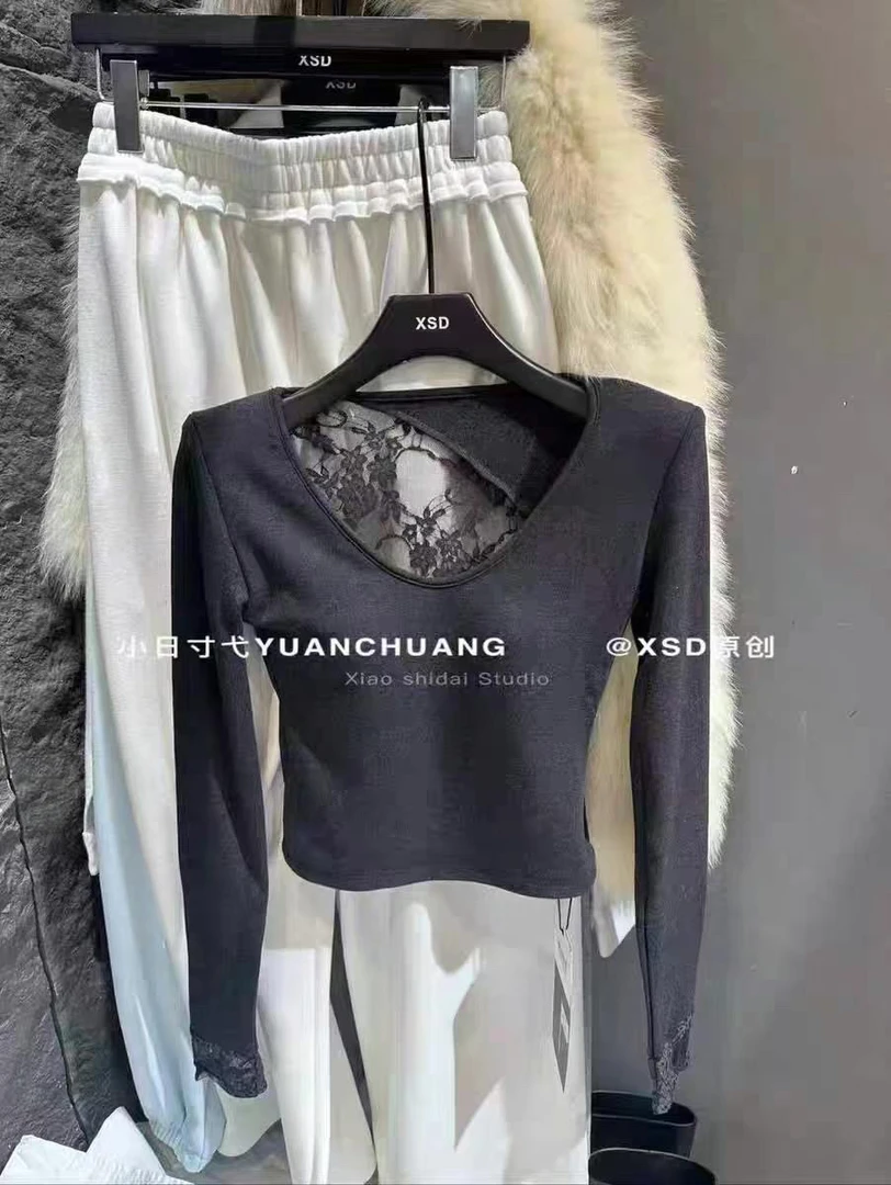 打底衫短款V领蕾丝拼接T恤时尚修身性感风圆领保暖长袖套装