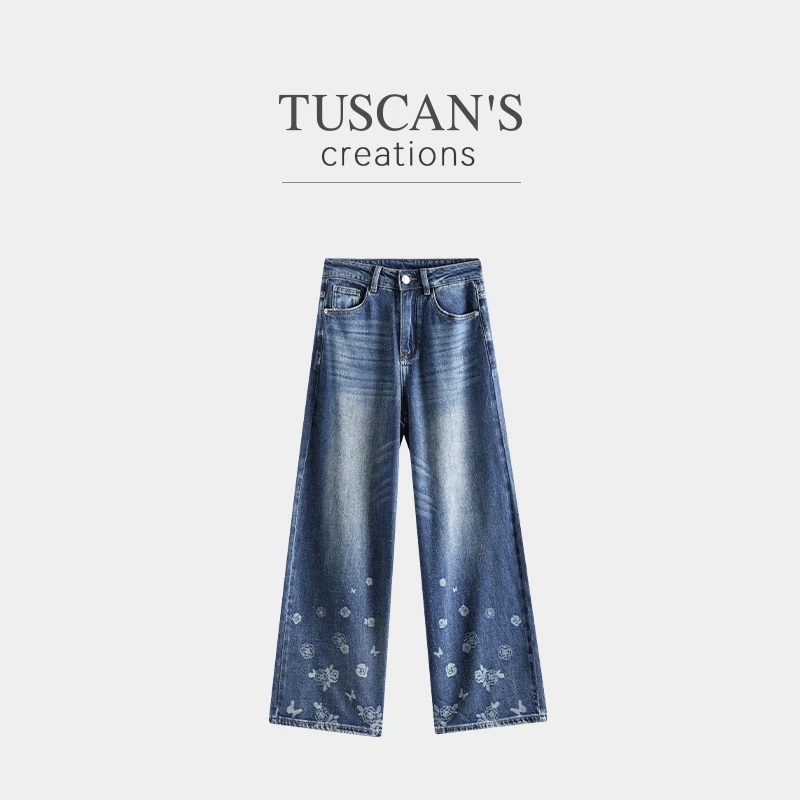 TUSCAN'S CREATIONS女长裤复古牛仔裤渐变设计师印花重工时代双鱼